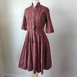 Vintage 50s New Look Red Brown Fall Autumn Cotton Day Shirt Dress M Rockabilly